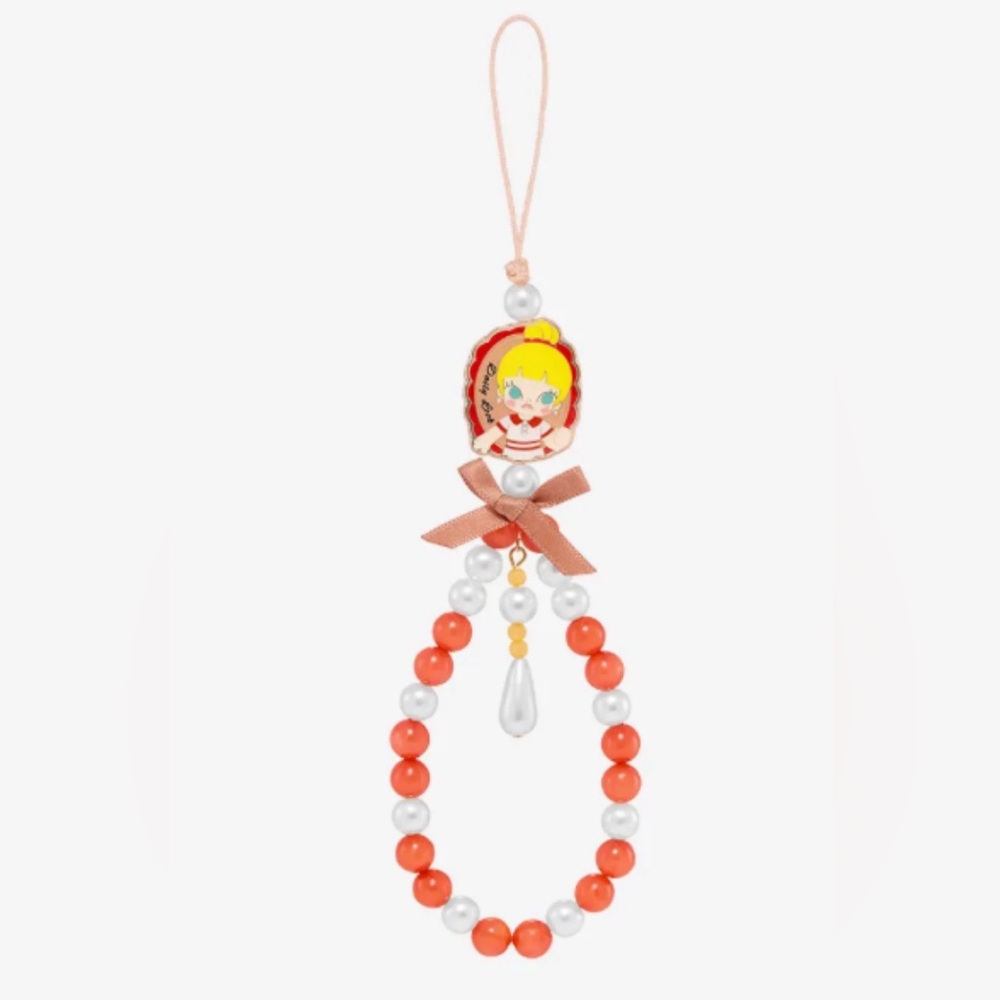 POP MART Pink & White Beaded Keychain with Energetic Girl Cartoon Charm